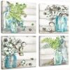 Skyme Art Flowers Painting Wall Art Watercolor-Style Mason Jar on Retro Wood Background Floral Print Artwork Canvas Picture for Bedroom Living Room