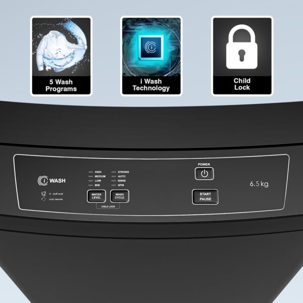 Godrej 6.5 Kg 5 Star I-Wash Technology for Automatic One Touch Wash Fully-Automatic Top Load Washing Machine (2023 Model, WTEON 650 AP 5.0 GPGR, Graphite Grey, With Toughened Glass Lid) - Image 3