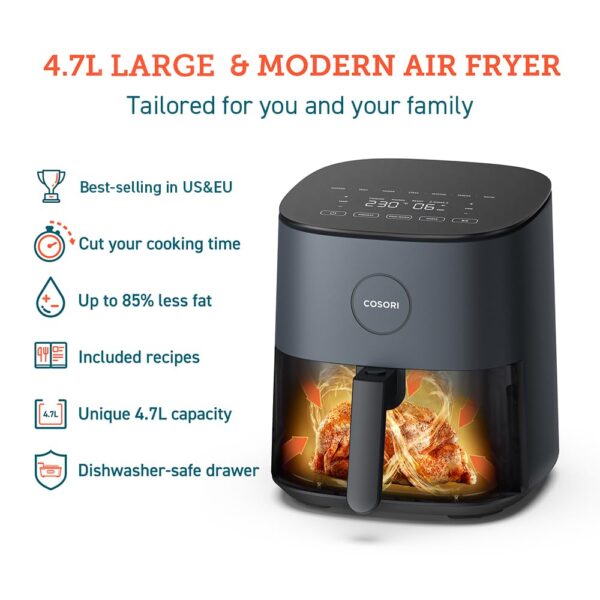 COSORI Air Fryer for home 4.7 Liter, 1500W Fast Cooking, 9 Preset Menu, 30 Recipes Cookbook, Grill, Broil, Roast, Toast, Bake, Reheat, Defrost, Digital Touch Panel, 75~230℃, Quiet, L501 Grey - Image 2