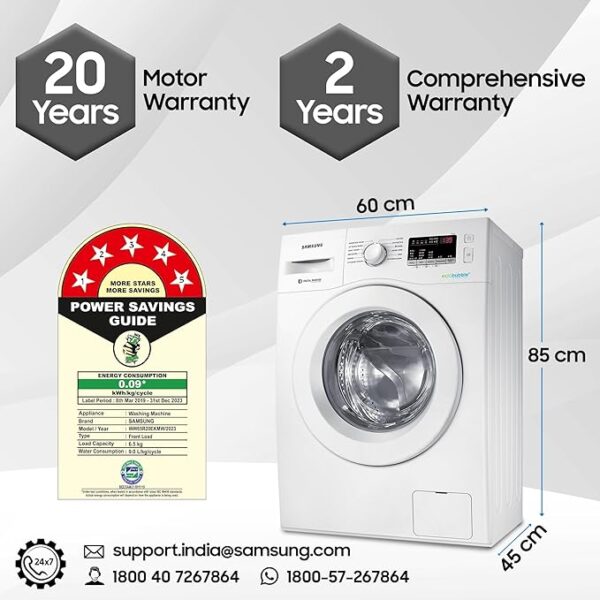 Samsung 6.5 kg, 5 star, Eco Bubble Technology, Digital Inverter, Motor, Fully-Automatic Front Load Washing Machine (WW65R20EKMW/TL, Hygiene Steam, DA WHITE) - Image 4