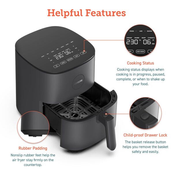 COSORI Air Fryer for home 4.7 Liter, 1500W Fast Cooking, 9 Preset Menu, 30 Recipes Cookbook, Grill, Broil, Roast, Toast, Bake, Reheat, Defrost, Digital Touch Panel, 75~230℃, Quiet, L501 Grey - Image 9