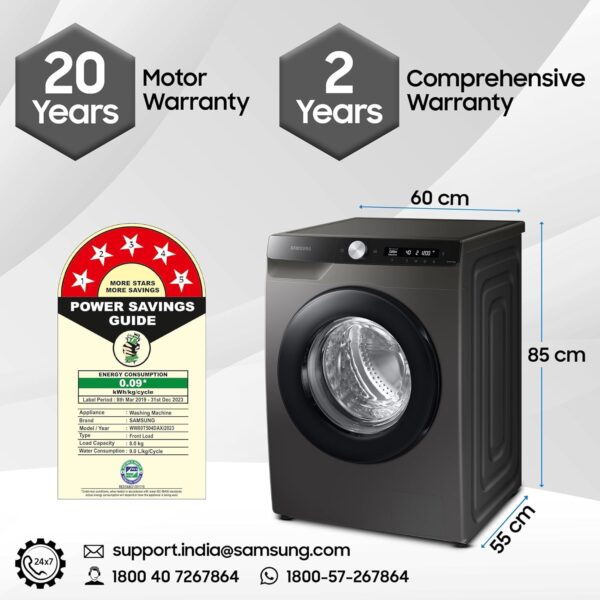 Samsung 8 kg, 5 star, Eco Bubble Technology, AI Control, Wi-Fi, Fully-Automatic Front Load Washing Machine (WW80T504DAX1TL, Hygiene Steam, Inox, Awarded as Washing Machine Brand of the year) - Image 4