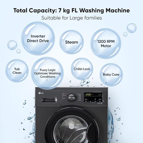 LG 7 Kg 5 Star Inverter Touch panel Fully-Automatic Front Load Washing Machine with In-Built Heater (FHM1207SDM, Middle Black, Steam for Hygiene Wash) - Image 2