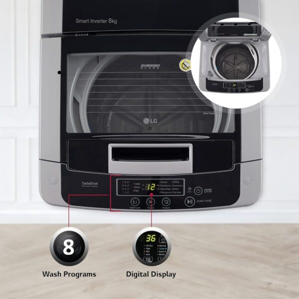 LG 8 Kg 5 Star Inverter TurboDrum Fully Automatic Top Loading Washing Machine (T80SKSF1Z, Waterfall Circulation, Digital Display, Middle Free Silver) - Image 3