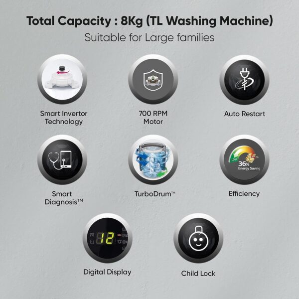 LG 8 Kg 5 Star Inverter TurboDrum Fully Automatic Top Loading Washing Machine (T80SKSF1Z, Waterfall Circulation, Digital Display, Middle Free Silver) - Image 2
