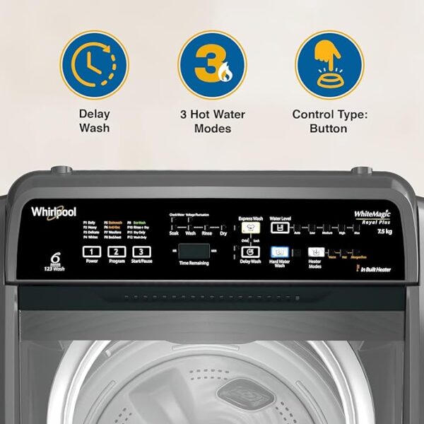 WHIRLPOOL 7.5 Kg 5 Star In-Built Heater Fully Automatic Top Load Washing Machine (WM ROYAL PLUS 7.5 (H) GREY, 5YR Motor Warranty,2023) - Image 2