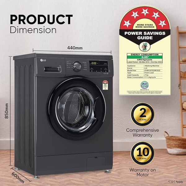 LG 7 Kg 5 Star Inverter Touch panel Fully-Automatic Front Load Washing Machine with In-Built Heater (FHM1207SDM, Middle Black, Steam for Hygiene Wash) - Image 5