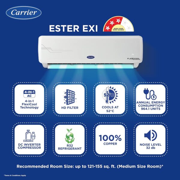 Carrier 1.5 Ton 3 Star AI Flexicool Inverter Split AC (Copper, Convertible 4-in-1 Cooling,High Density Filter, Auto Cleanser, 2023 Model,ESTER Exi - CAI18ER3R32F0,White) - Image 2