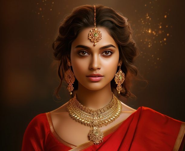 beautiful woman in red jewellery and gold,.